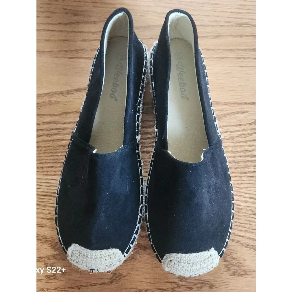 Weeboo Black Canvas Espadrille Flats with Natural Woven Toe Cap & Stitching
